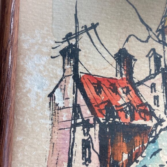 Set Of 2 Paintings Quebec Scene Small Mini Artwork Aged Patina Cottage Signed - Picture 10 of 14
